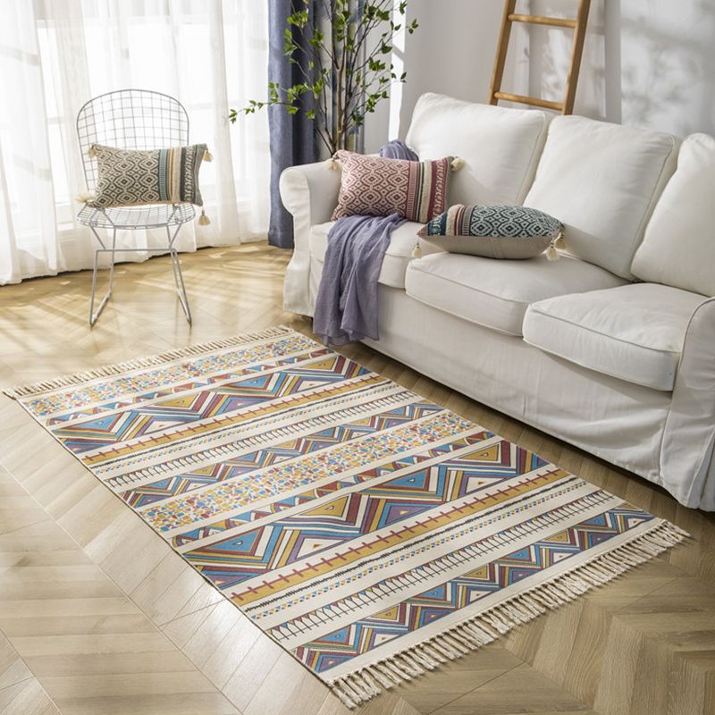 Multicolor Minimalist Area Carpet Cotton Tribal Print Indoor Rug Fringe Carpet for Living Room