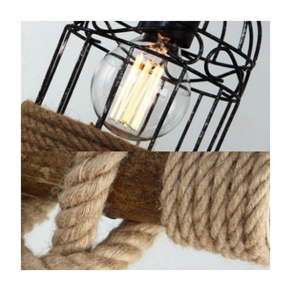 Industrial Birdcage Pendant Light Chandelier 3 Lights Metal Island Light with Adjustable Rope in Black, 31.5"/39" Wide