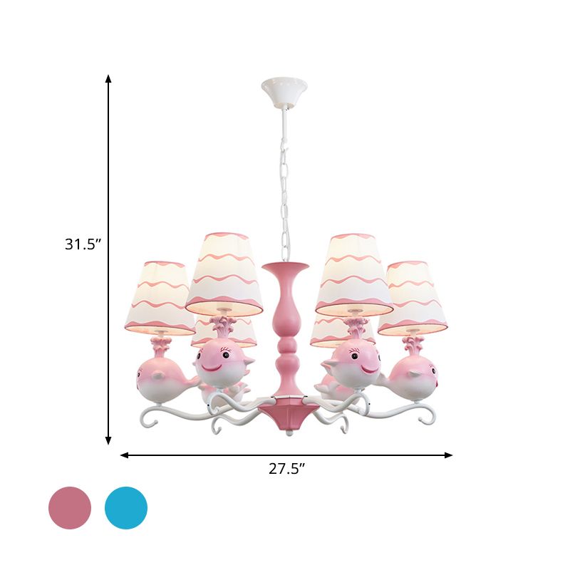 Blau/rosa Walwalform geformt Kronleuchter leichter Cartoon 6 Köpfe Harz Radialanhängerlampe mit Kegelstoffschatten