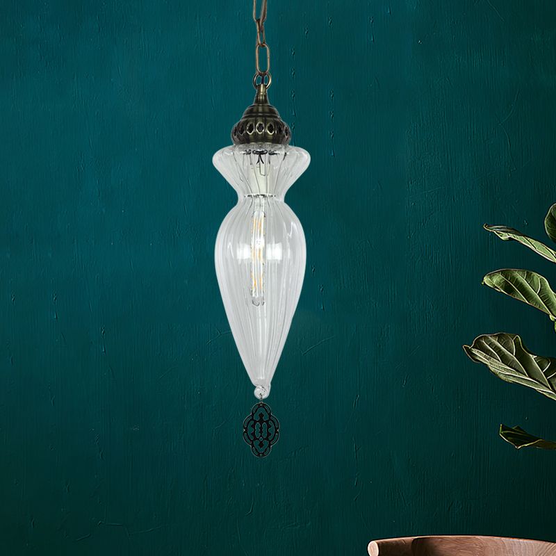 Gourd Dining Room Hanging Ceiling Light Traditional Clear Ribbed Glass 1 Head Pendant Light Kit