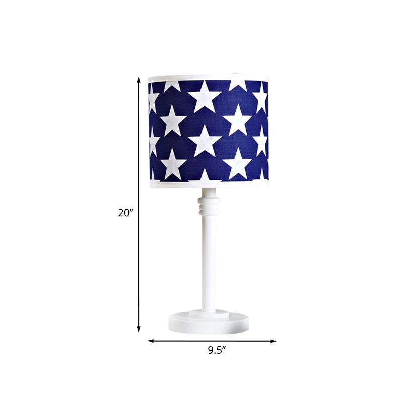 Wood Drum Shape Tall Table Lamp with Star Pattern Modern 1 Head Blue Night Light