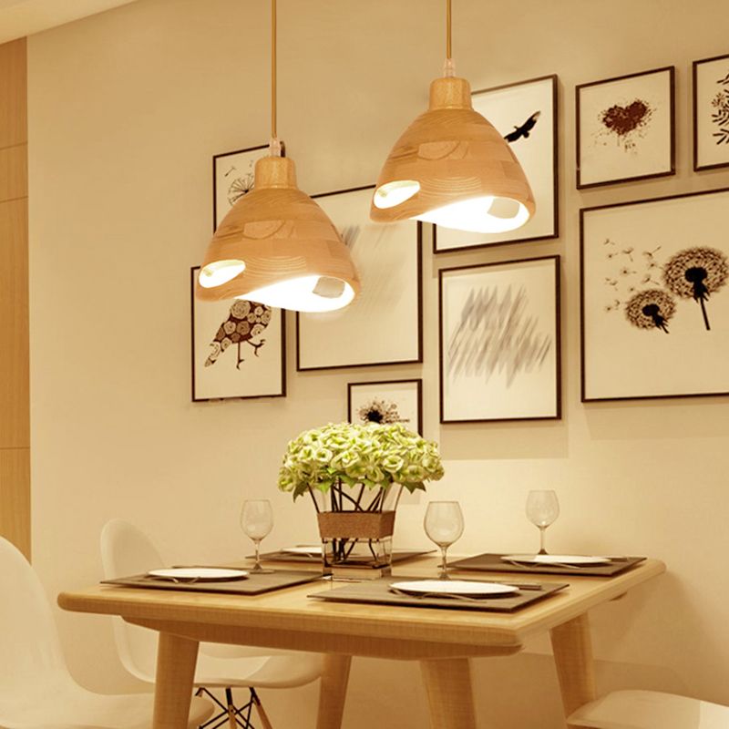 Bedroom Contemporary Hanging Light Creative Wood Shade Pendant Lamp in Beige
