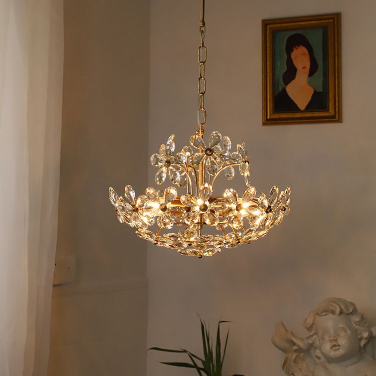 Vintage Brass Art Deco  Hanging Chandelier Light  Floral Clear Crystal  Interior Drop Lamp