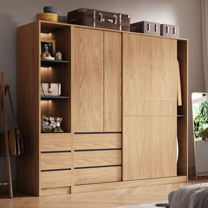 Natural Finish Wardrobe Armoire Sliding Wardrobe Cabinet with Drawer