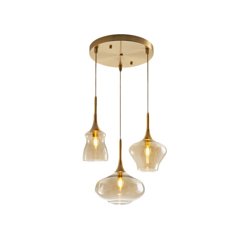 Clear/Cognac Glass Wavy Multi Ceiling Light Modernism 3 Bulbs Gold Hanging Pendant Lamp