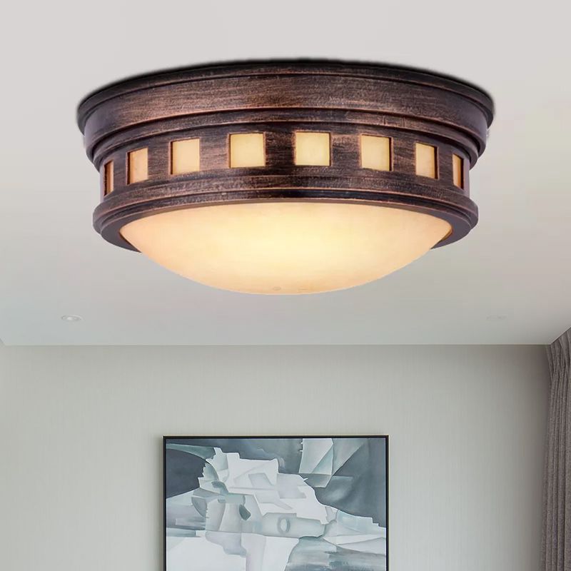 Drum Ceiling Flush Light Rustic Style Metal and Opal Glass Bronze/Gold Outdoor Flush Mount Light for Porch