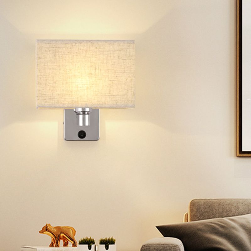 1-Light Bedroom Wall Lamp Nordic Black/White/Beige and Chrome Wall Sconce with Oval/Square Fabric Shade