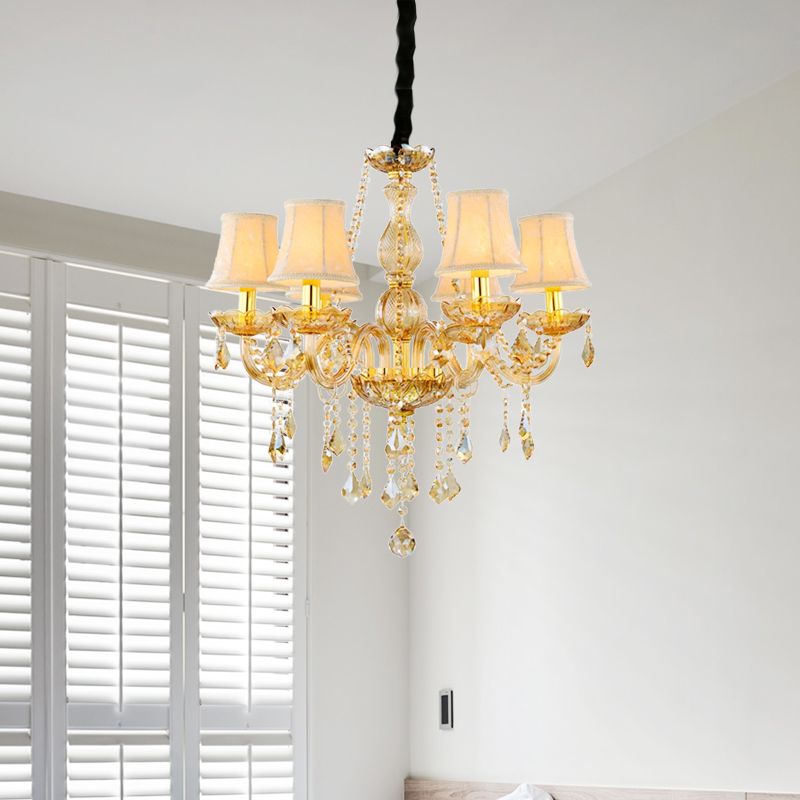 Candela retrò/Lampada del lampadario a campana 6 lampada a sospensione cristallina ambra in oro con/senza tonalità in tessuto