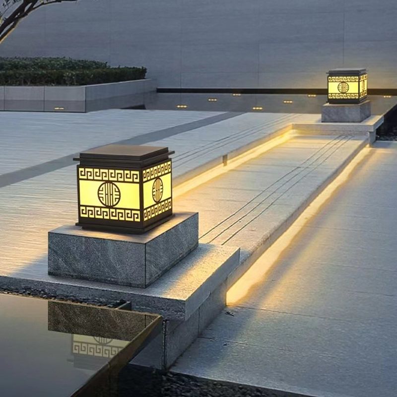 Contemporary Pillar Lamp Metal Outdoor Lamp with Acrylic Shade for Garden