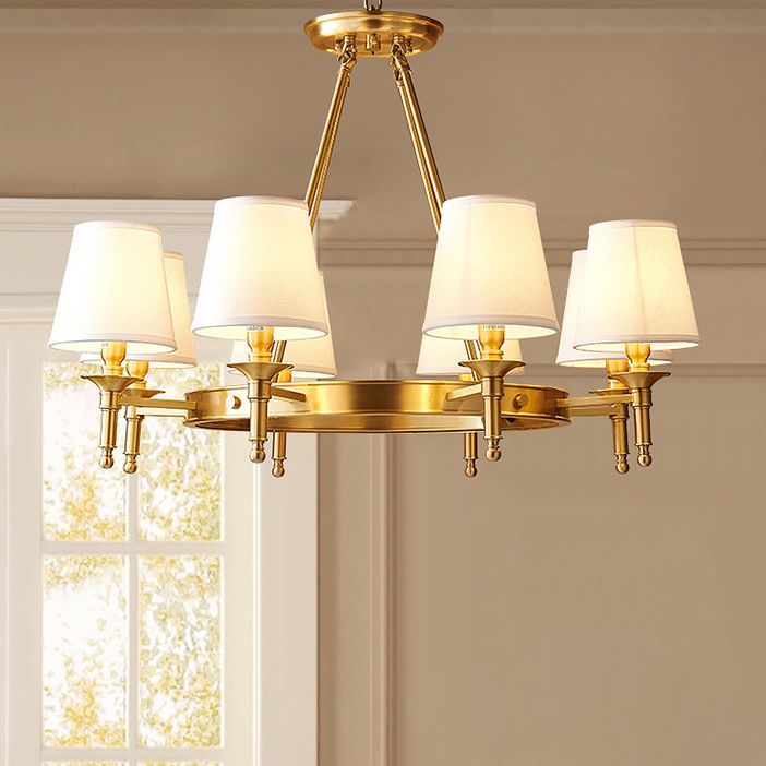 Post-Modern Wagon Wheel Hanging Chandelier Light White Linen Shade Ceiling Chandelier in Gold for Dining Table