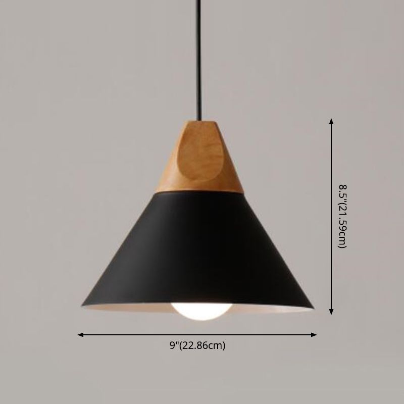 1 Light Metal Tapered  Pendant Lamp Nordic Style Wooden Top Living Room Hanging Lamp