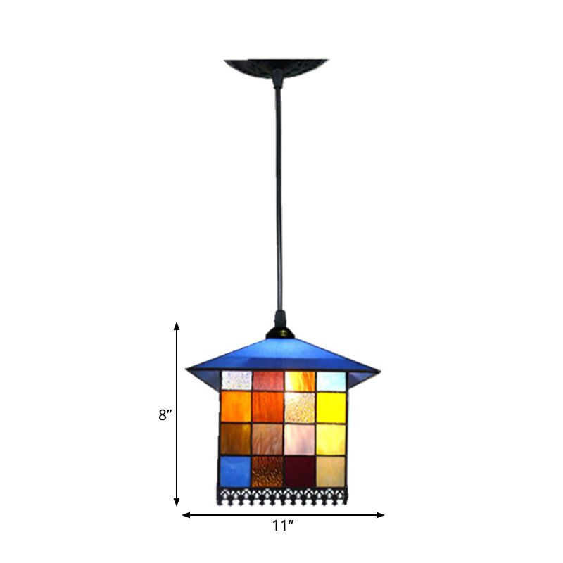 1-Light House Shaped Ceiling Pendant Mediterranean Blue Stained Glass Suspension Lighting