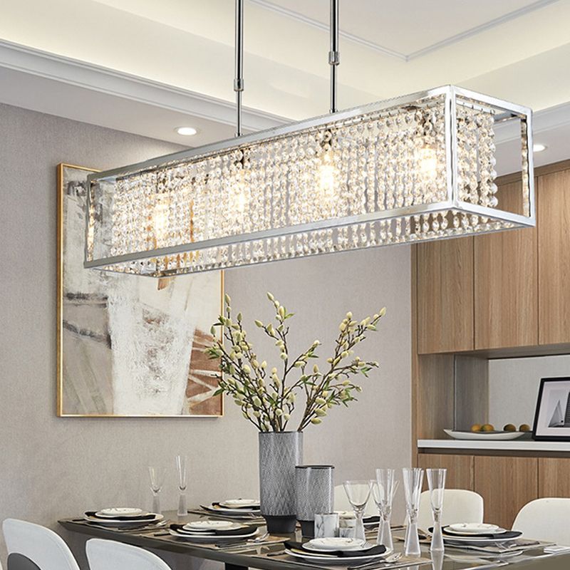 Cuboid Island Pendant Contemporary Iron Frame 4 Lights Chrome/Gold Chandelier with Clear Crystal Drops
