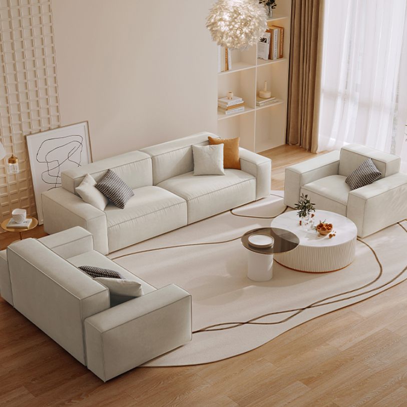Contemporary Sofa Genuine Leather Living Room Square Arm Cushions White