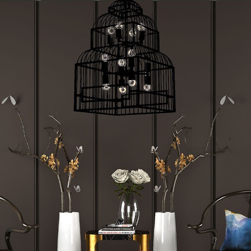 12 Lights Metal Chandelier Lighting Rustic Black/Wood Exposed Bulb Living Room Hanging Ceiling Fixture with Cage