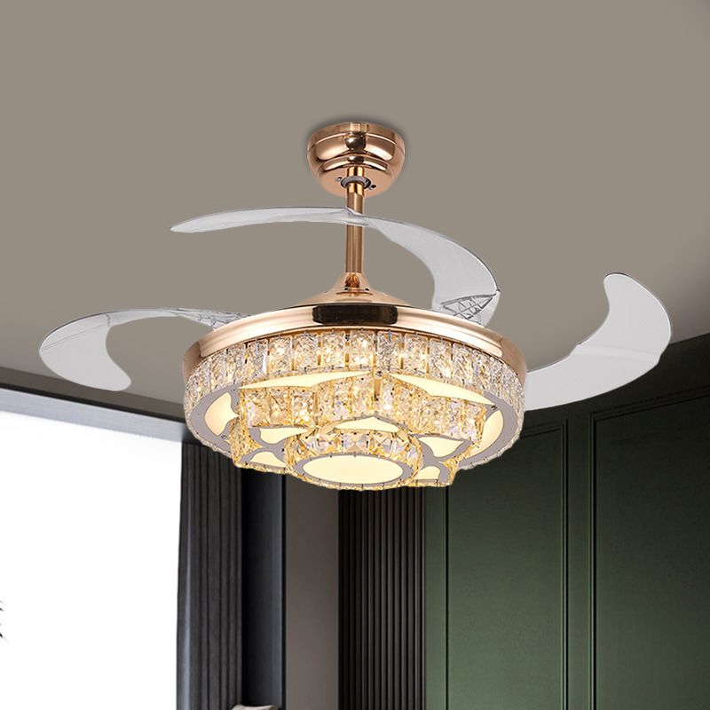 Eenvoudige lotus hangende ventilatorlamp kristalblok 19 "brede led -slaapkamer semi -flush licht in goud/chroom met 4 messen
