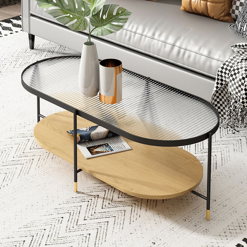 Modern 2 Piece Bunching Tables with Wooden Shelf and 4 Iron Legs