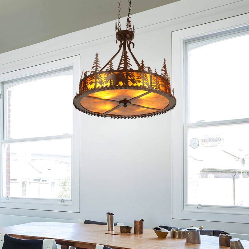 Chandelier rond marron country metal métal 3 lumières salon suspendu avec motif d'arbre