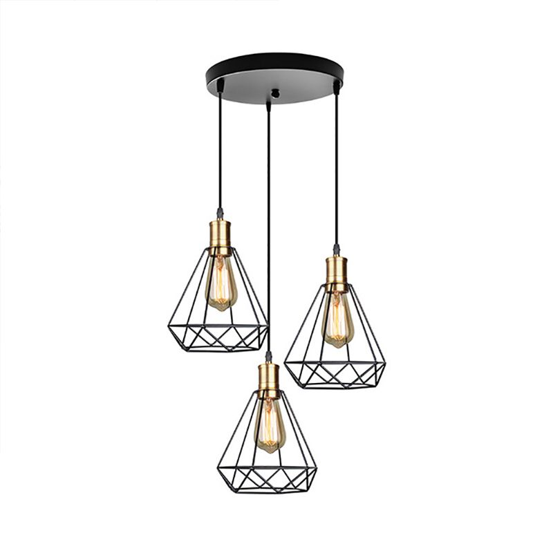 3 Köpfe hängende Lampe Bauernhaus Tränendrop -Käfig -Schatten Metallhängeln mit runden/linearen Baldachin im Messing