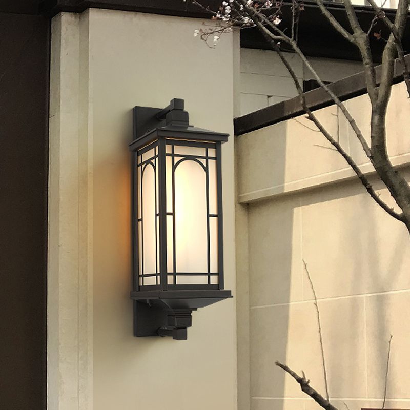 Black Lantern Wall Sconce Classic Style Opaline Glass 1-Light Lodge Wall Mount Lighting