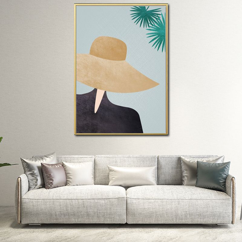 Yellow Nordic Style Canvas Art Woman Wearing Floppy Hat Wall Decor for Girls Bedroom