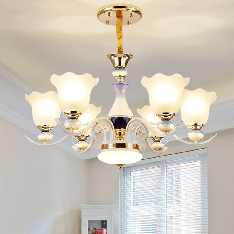 Hanging Chandelier Vintage Living Room Pendant Light with Flower Frosted Glass Shade in White