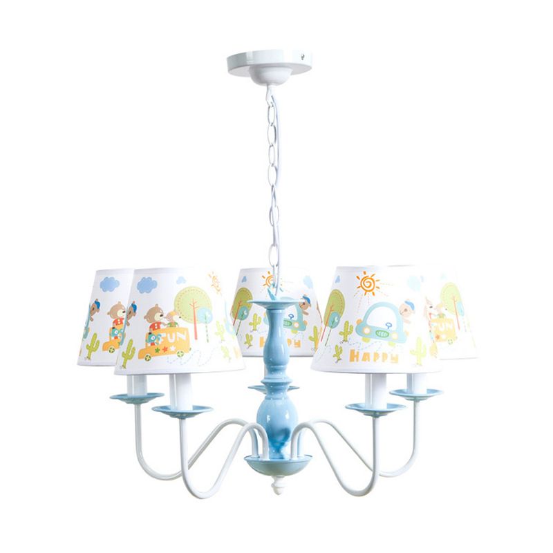Undertint Tapered Shade Chandelier with Cartoon Pattern 5 Lights Metal Hanging Light for Kindergarten