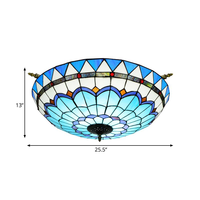 Baroque Dome Semi Flush Mount Lighting 5 Bulbs Handcrafted Stained Glass Close to Ceiling Lamp in White/Blue, 21.5"/25.5" W