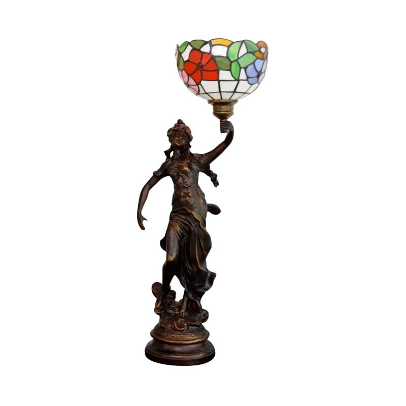 Harz Torchiere Tisch leichte Tiffany 1 Lampenbronze-Nachttisch-Lampe mit rot-gelb/blau/rotem Blütenglas Schatten