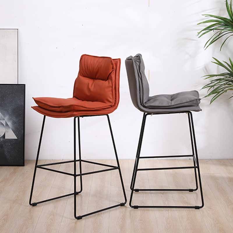 Scandinavian Leather Counter Stools Black Metal Low Back Bar Stools with Footrest