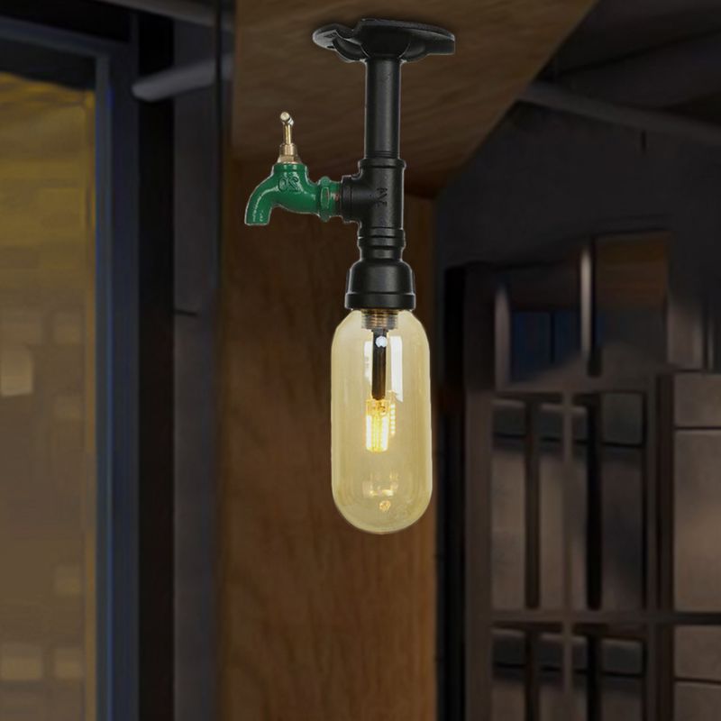 1 Light Capsuled Shade Semi Flush Light Industrial Black Amber Glass Ceiling Mount with Pipe Design