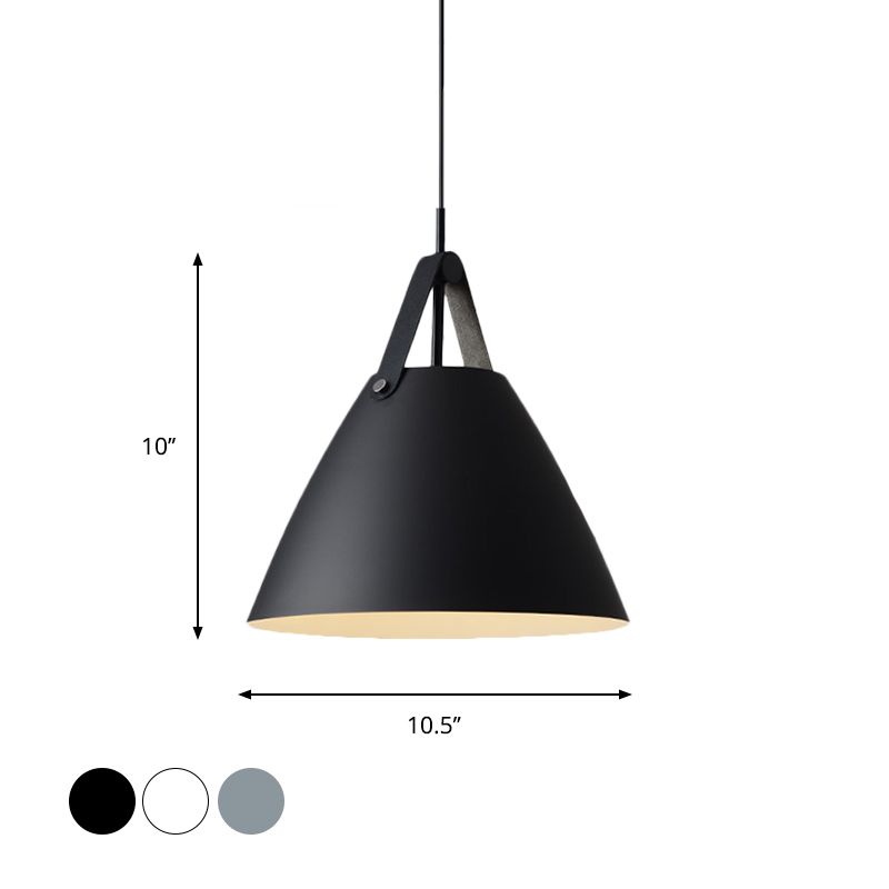 Metal Truncated Cone Drop Pendant Nordic 1-Light Black/Grey/White Suspension Lighting with Leather Strap, 10.5"/14" W