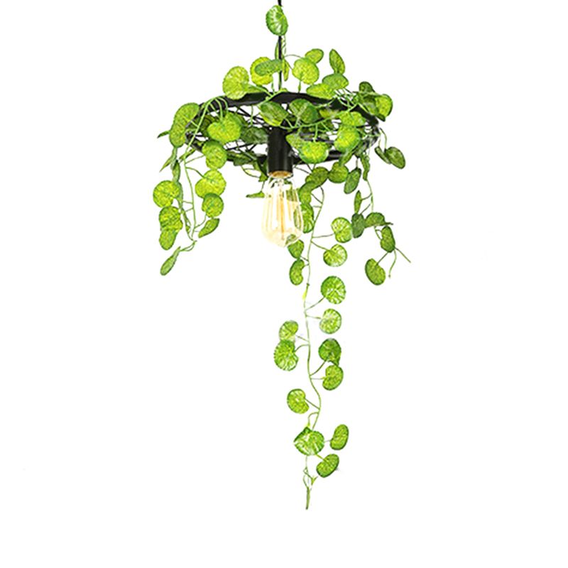 Retro Wagon Wheel Chandelier 1/3/6-Light Iron Hanging Pendant in Black with Decorative Plant