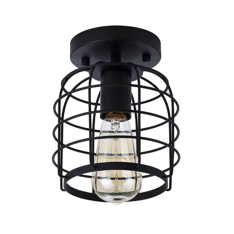 Plafonnier à 1 tête, cage cylindrique vintage en métal, semi-encastré, noir, pour couloir