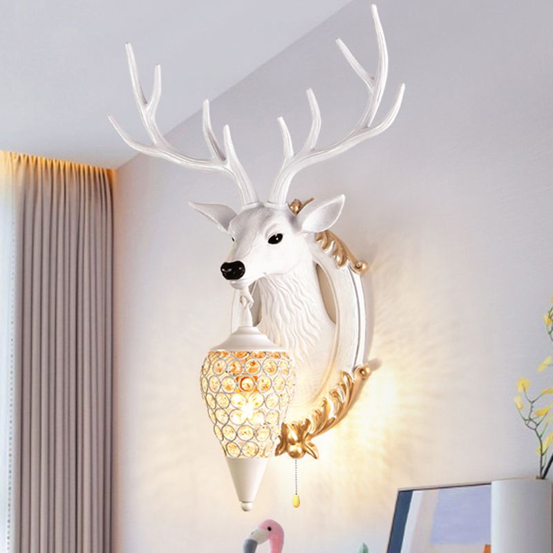 16"/18.5" W Rustic Droplet Sconce Lamp 1 Bulb Crystal Wall Mounted Light in Silver/White/Wood with Deer Resin Backplate