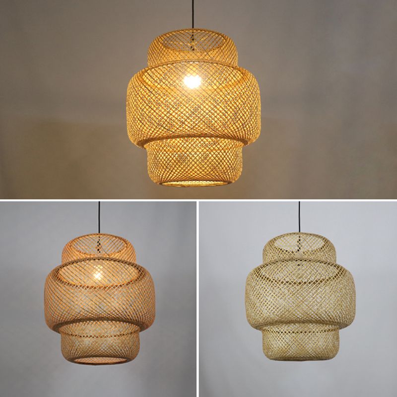Bamboo Lantern Suspension Pendant Light Asia Style Beige Pendant Lighting Fixture