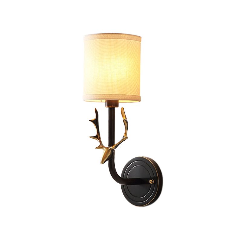 Metal Elk Sconce Lighting Rustic 1/2 Light Living Room Wall Mounted Lamp in Black/Gold with Cylinder Fabric Shade