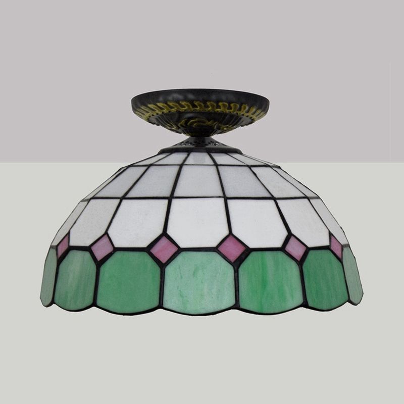 Tiffany Grid Patterned Flush Mount Light 1 Bulb Handcrafted Stained Glass LED Close to Ceiling Lamp in Blue/Orange/Green