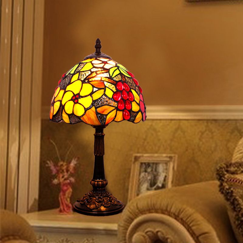 Stained Glass Red Table Light Flower and Grapes Pattern 1 Head Tiffany Night Stand Lamp