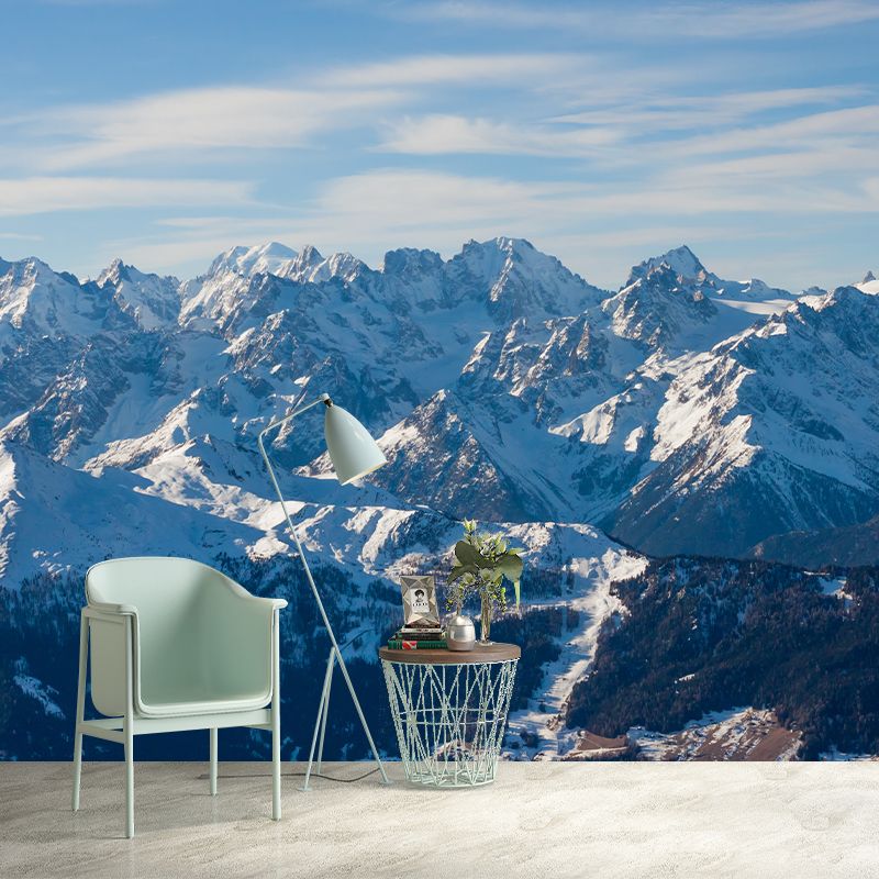 Customized Photography Modern Wall Mural with Sun Illuminating Snow Mountain Pattern, Blue-White