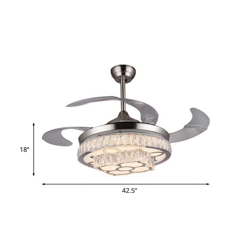 Moderne bloemen LED-plafondventilator 42,5 "breed 3-blade kristal ingelegde semi-flush mount lamp in nikkel in nikkel