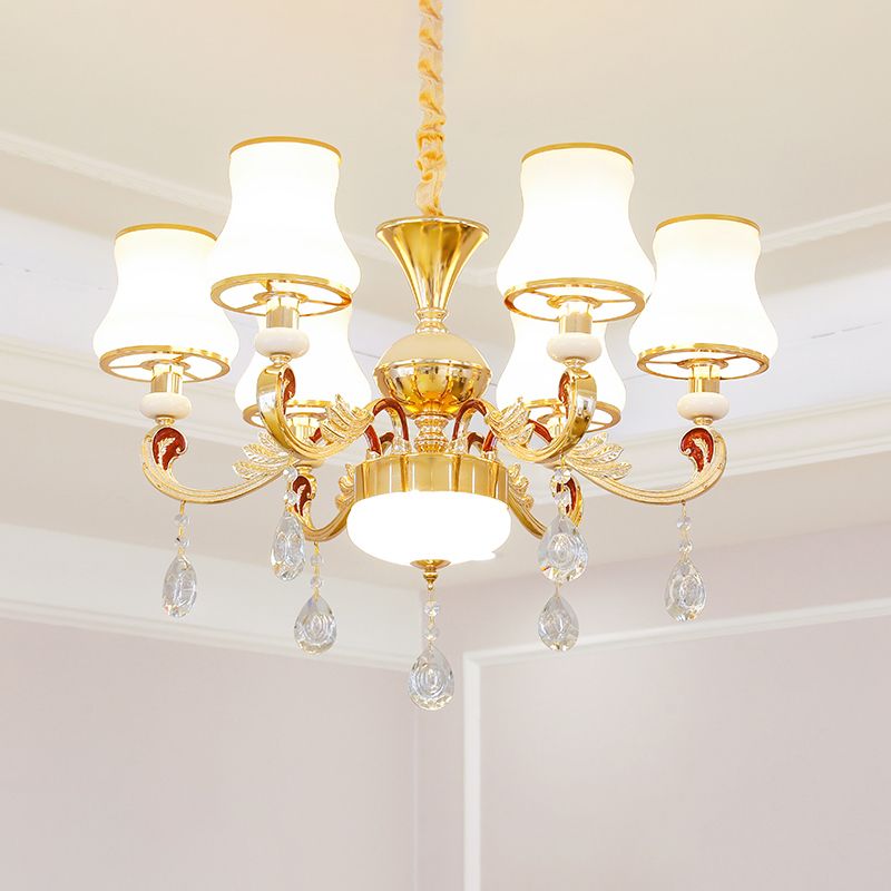 White Glass Bud Ceiling Lighting Traditional Living Room Chandelier Light Fixture with Crystal Draping