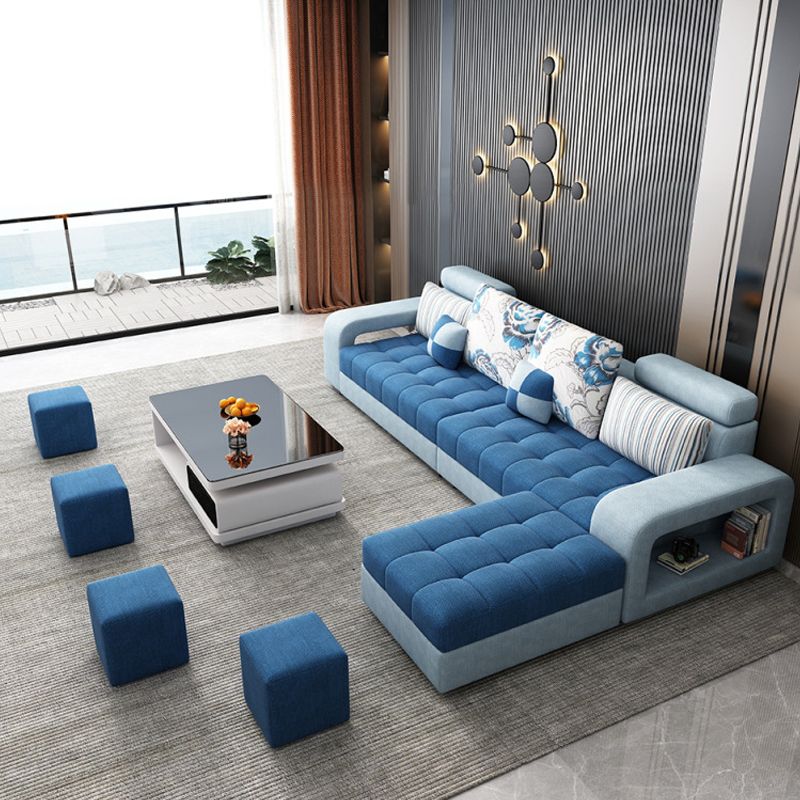 Farmhouse U Sofa in Blue Loose Back Faux Leather/Fabric Seating with Storage