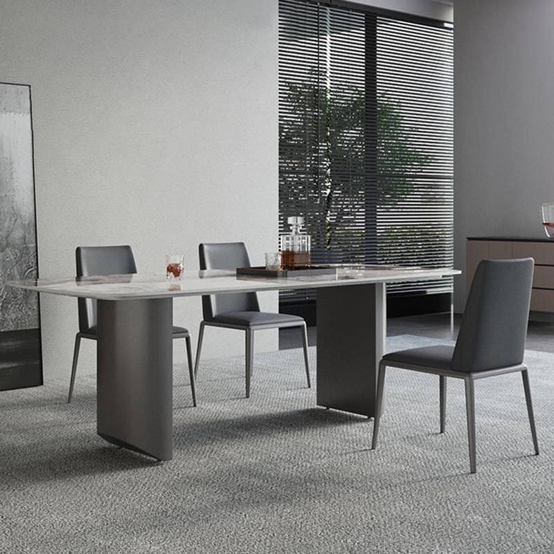 Sintered Stone Top Dining Table Modern Rectangle Stainless Steel Double Pedestal Table