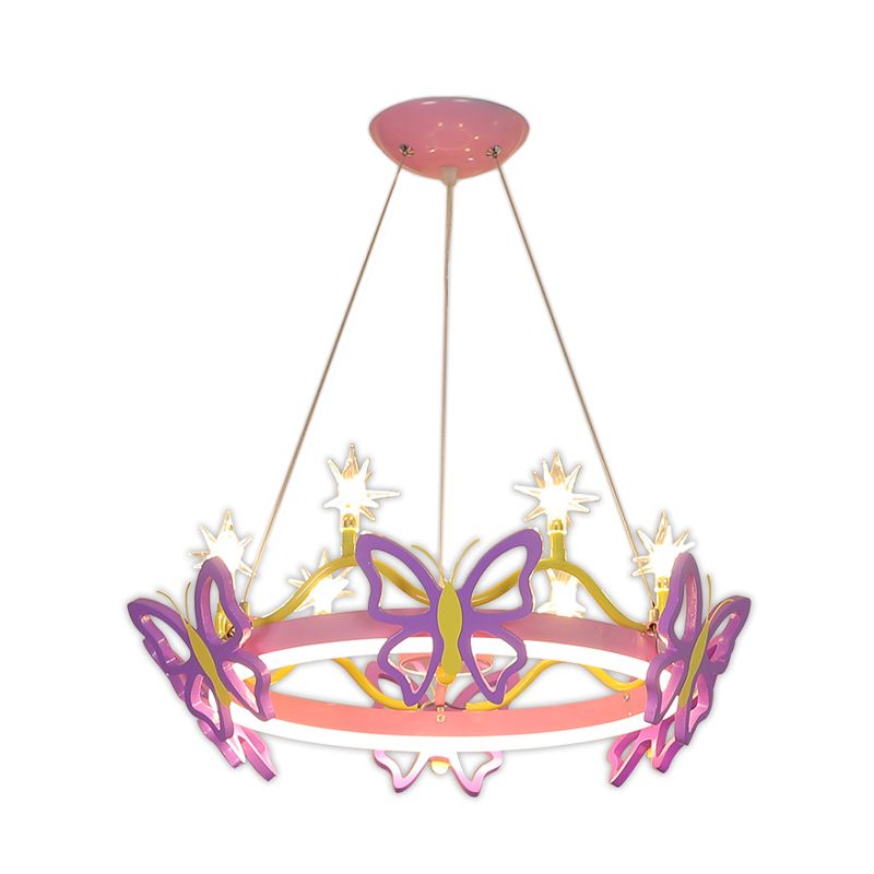 7 Lampenmädchen Zimmer Hängende Kronleuchter Kid Pink Anhängerlampe mit Schmetterling/Kronen -Acrylschatten