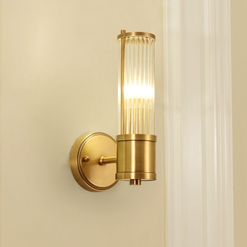1/2 Lights Hallway Wall Sconce Lighting Contemporary Brass Wall Mount Light Fixture with Cylinder Crystal Shade