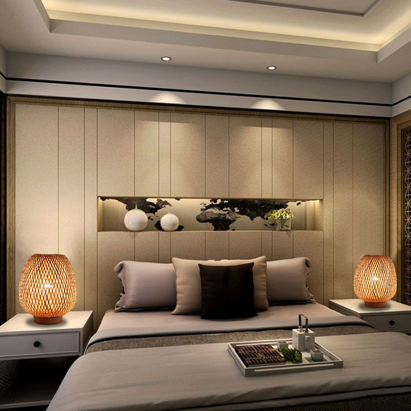 Lantaarn Nachtstand Lamp Hedendaags Handwoven Bamboo Single-Bulb Restaurant Tafel Licht in Wood