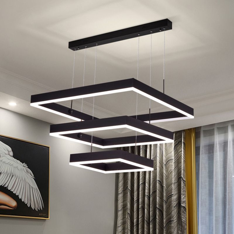 Luce a sospensione nera metallica quadrata al soffitto a led contemporanea per soggiorno