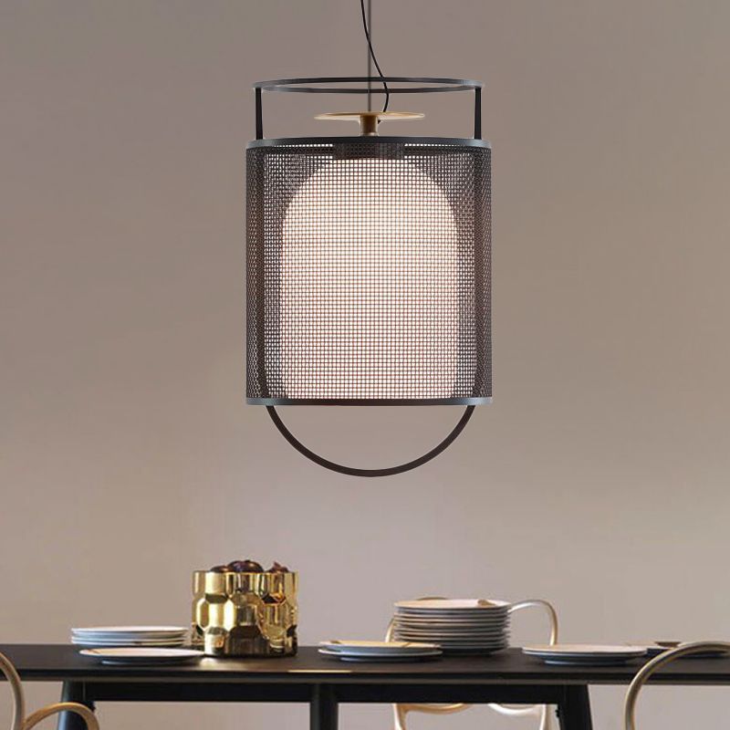 Black Half Capsule Drop Pendant Modern Single Milk Glass Shade Ceiling Light with Mesh Screen