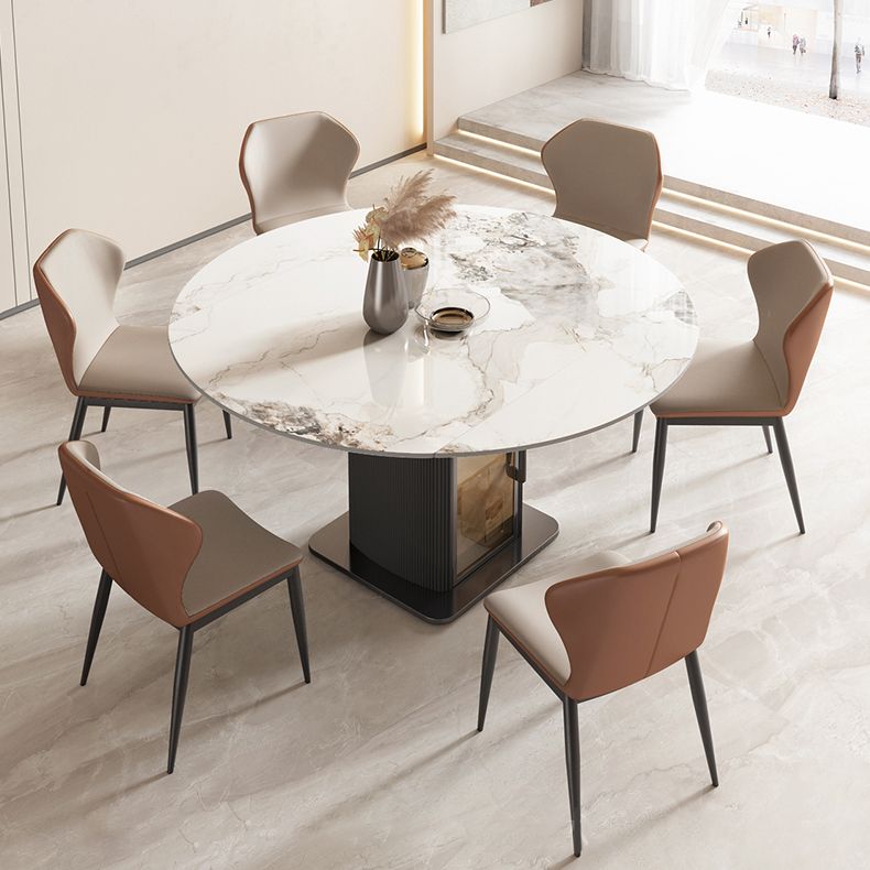 Nordic Sintered Stone Table Set of 5/7 with Round Table Foldable Dining Set with Leather Chairs